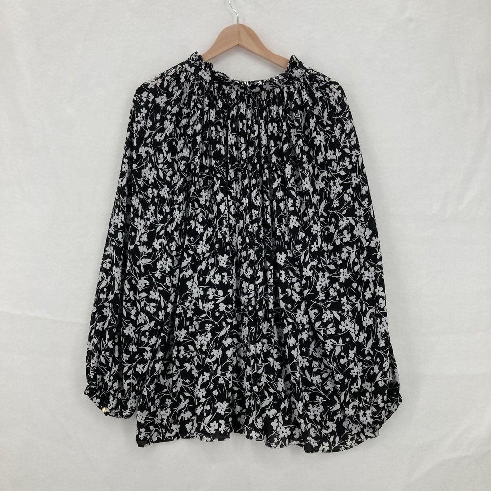 Lauren Ralph Lauren Blouse Womens 2X Black White Floral Pleated Long Sleeve - Picture 13 of 14